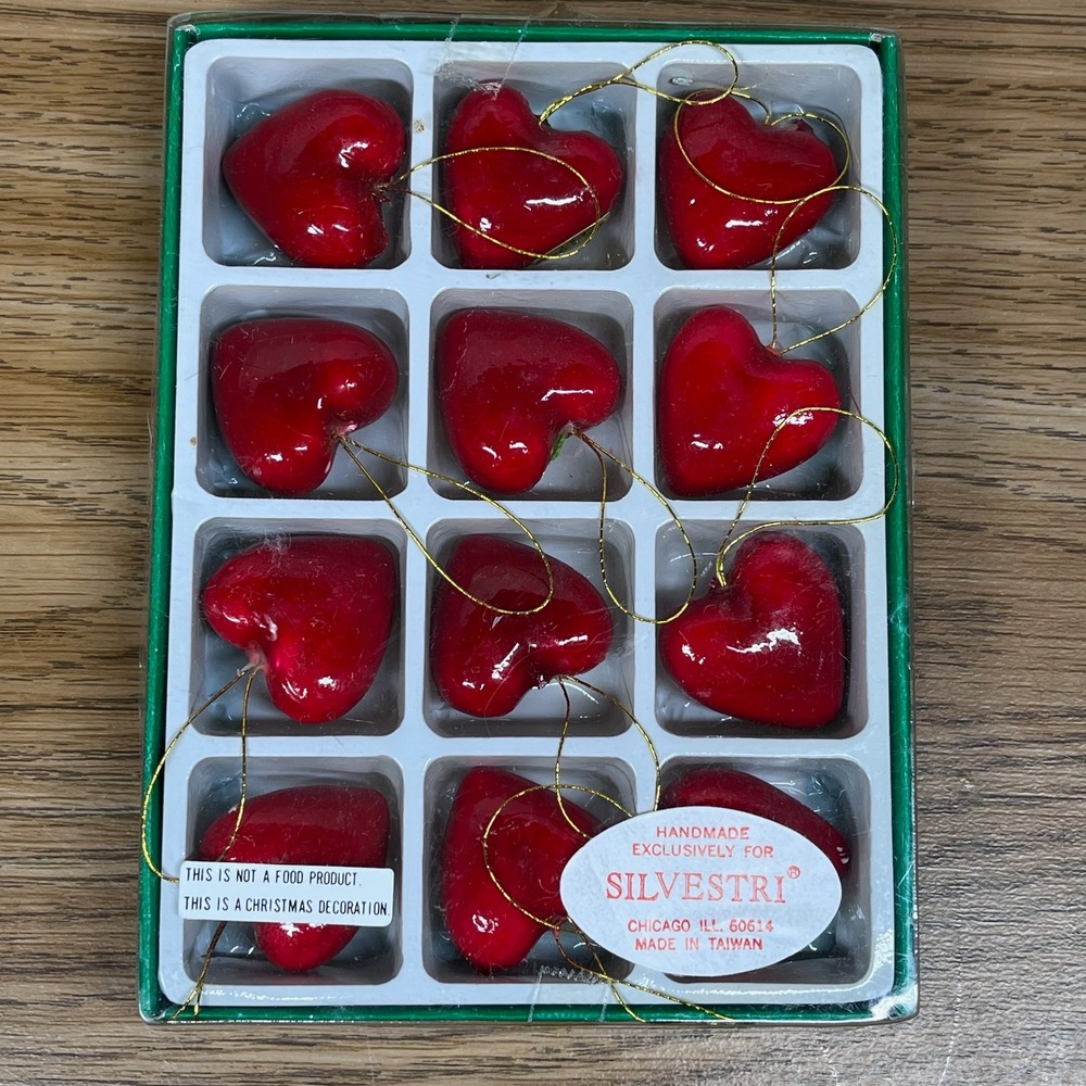Silvestri Vintage Heart Ornaments Red Glossy Set of 12 Retro Christmas Holiday